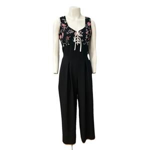 Vintage 90s Black Floral Lace Up Jumpsuit Wide Leg Sleeveless Small -
